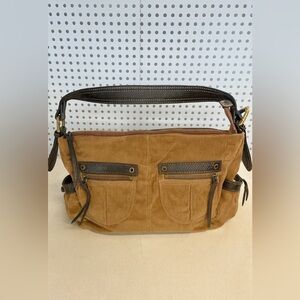 Vintage Y2K Womens Brown Corduroy Cotton Pebbled Leather Shoulder Bag 90's Retro